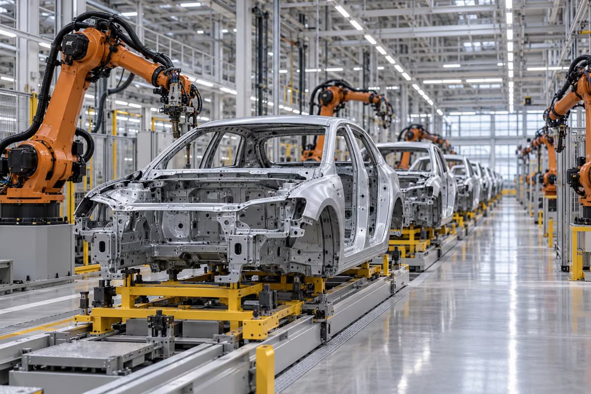 Unlackierte Karosserien stehen in einer Reihe auf einem Montageband zwischen orangefarbenen Roboterarmen in einer hellen Fabrikhalle.