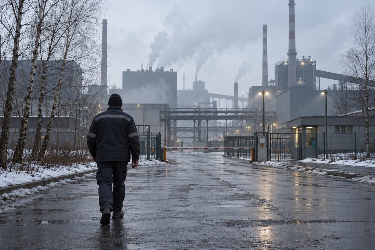 Ein Arbeiter, von hinten zu sehen, geht an einem grauen Wintertag auf einer nassen Straße auf das Tor eines Industriewerks mit Schornsteinen zu.