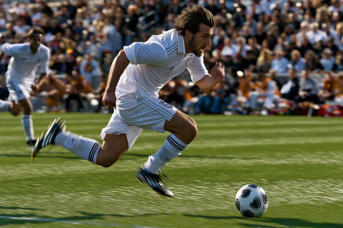 Ein Fußballspieler sprintet mit dem Ball während eines Spiels auf einem grünen Rasen.