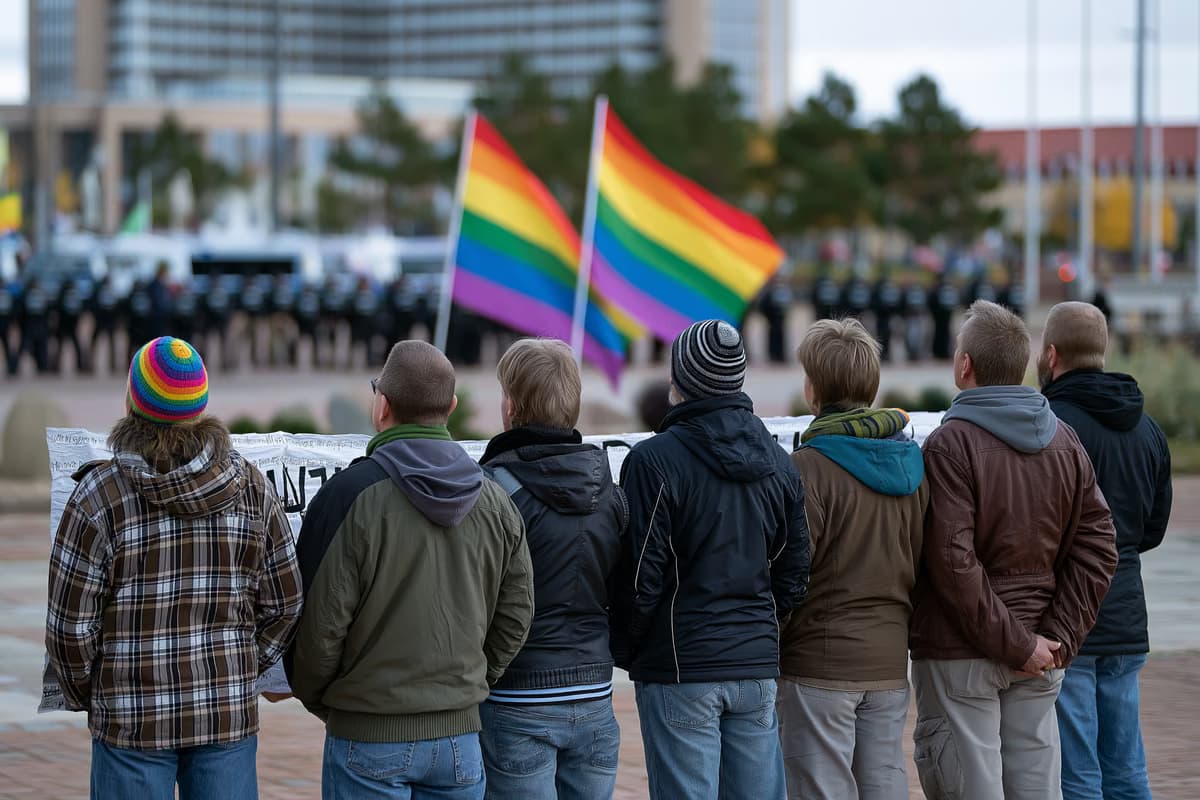Gegendemonstranten halten Transparente und Regenbogenfahnen auf einem Magdeburger Platz, im Hintergrund ist eine Polizeikette verschwommen zu erkennen.