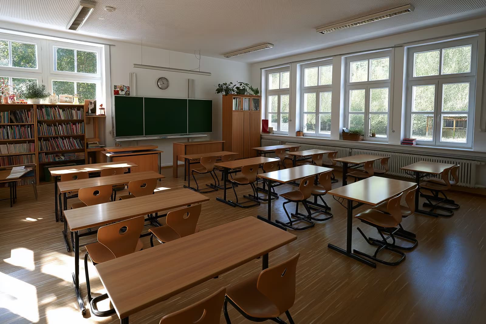 Ein helles, leeres deutsches Grundschulklassenzimmer mit kleinen Holztischen und einer Leseecke im warmen Nachmittagslicht.