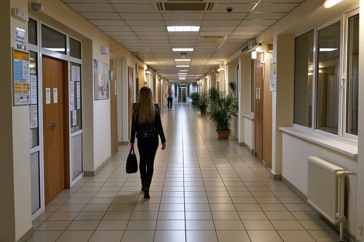 Eine einzelne Person geht mit einer Tasche einen Korridor entlang in einem öffentlichen Verwaltungsgebäude.