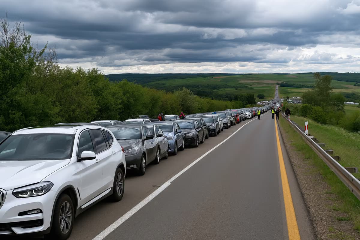 Bei bedecktem Himmel stauen sich die Autos an einem provisorischen Kontrollpunkt auf einer Landstraße nahe der bayerischen Grenze.