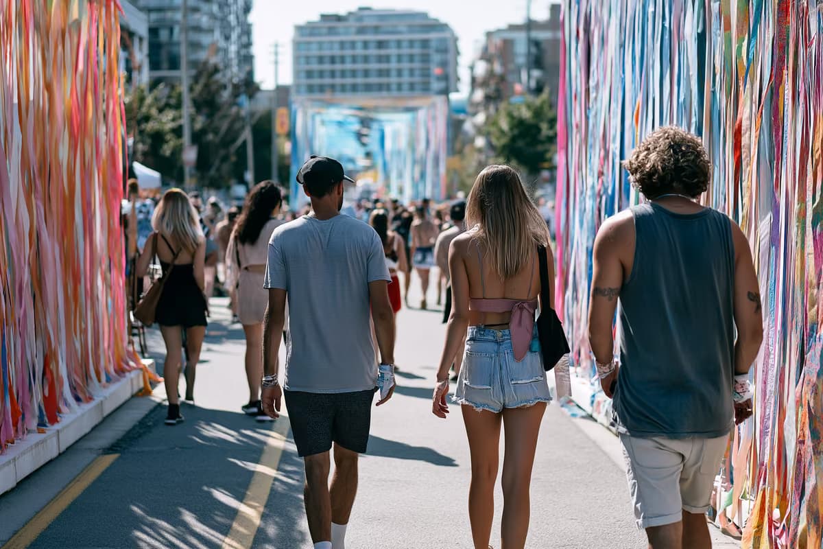 An einem sonnigen Sommernachmittag schlendern Menschen zwischen Kunstinstallationen im Freien durch ein lebhaftes Berliner Viertel.