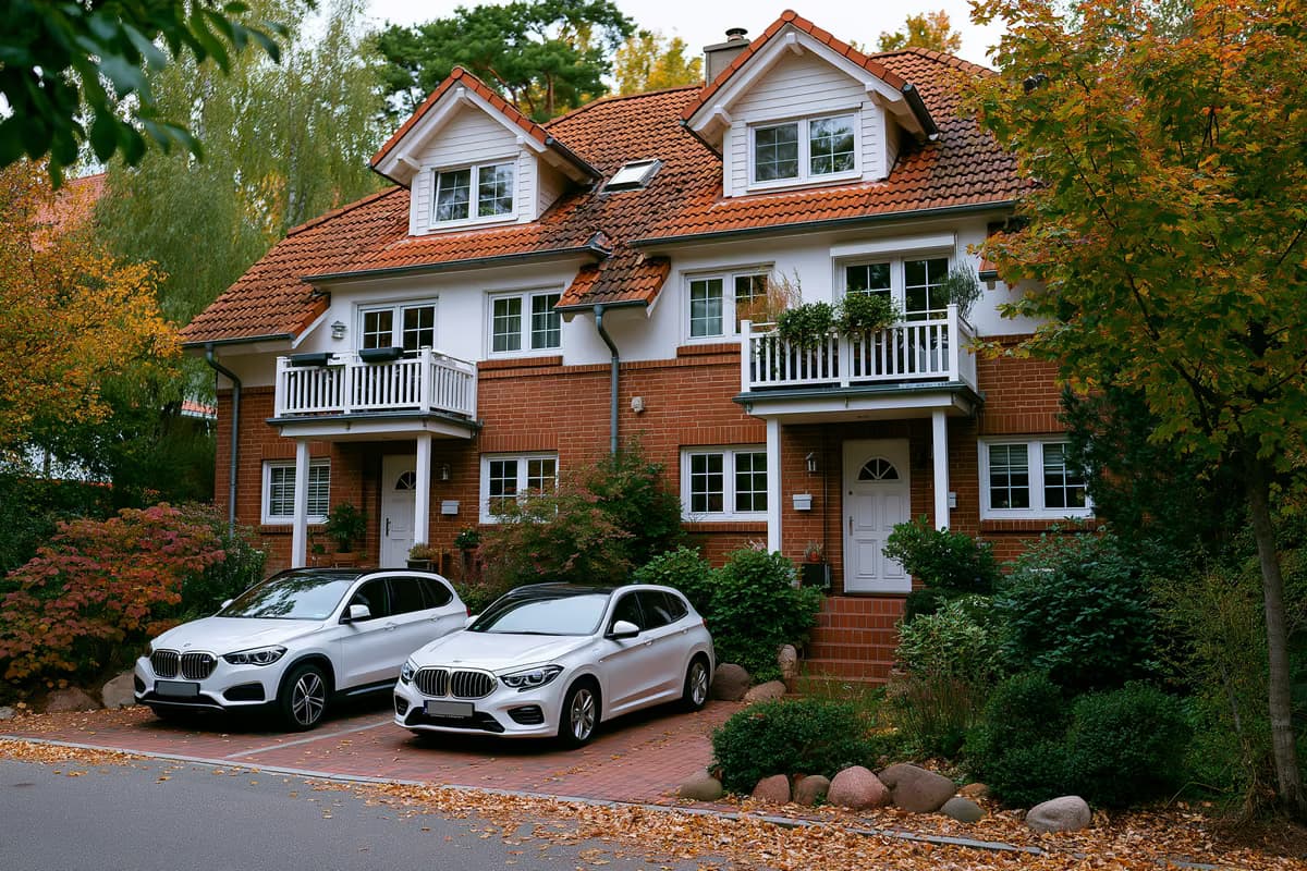 Ein Zweifamilienhaus mit zwei separaten Eingängen und Balkonen in einer deutschen Vorstadtstraße – der Immobilientyp, der im Mittelpunkt des BGH-Falls steht.