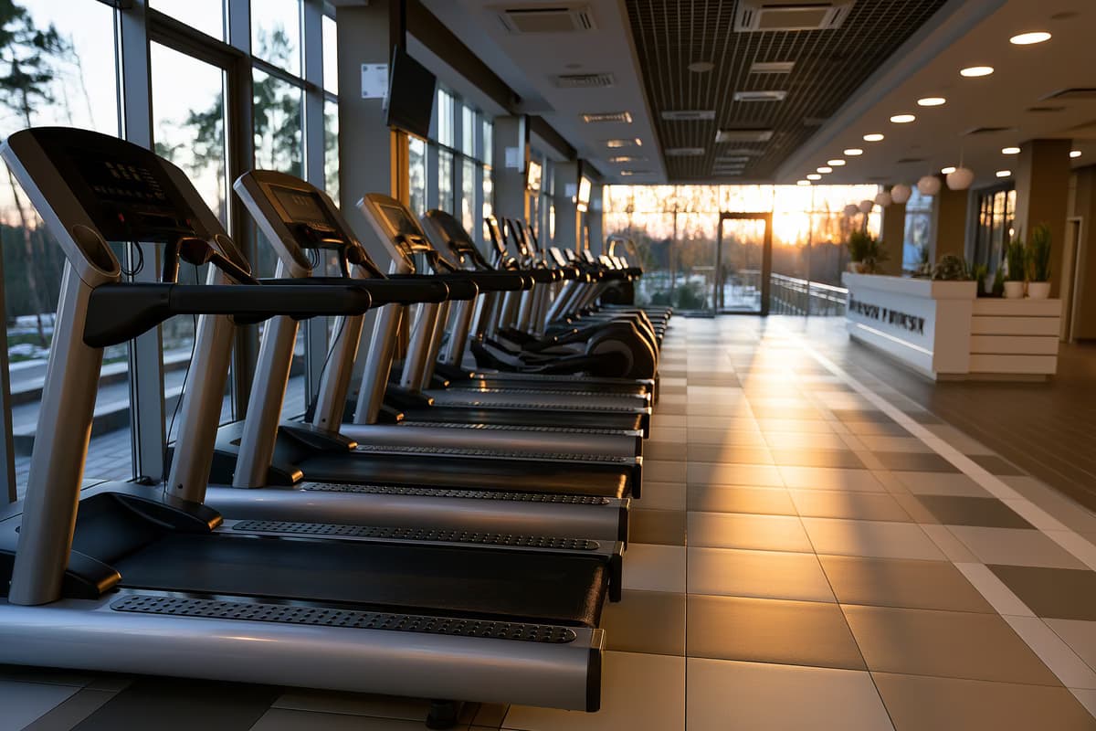 Reihen leerer Laufbänder in einem modernen Fitnessstudio in der Abenddämmerung, im Hintergrund der Anmeldeschalter verschwommen zu erkennen.
