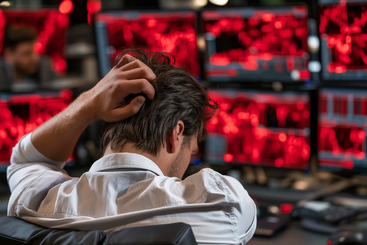 Ein Privatanleger in Deutschland prüft auf einem Laptop einen ETF-Sparplan, während die Marktcharts fallende Kurse zeigen.