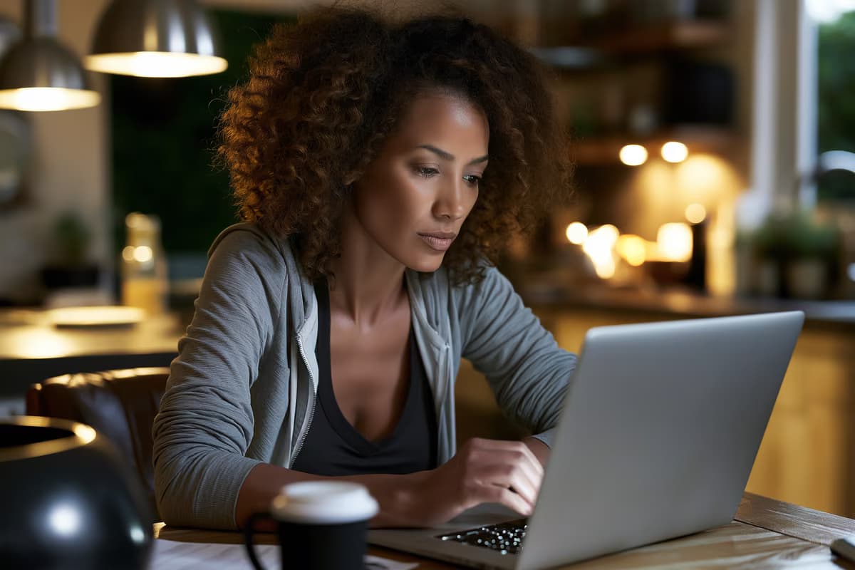 Eine Person prüft im sanften Morgenlicht an einem Küchentisch auf einem Laptop ihr Anlageportfolio.