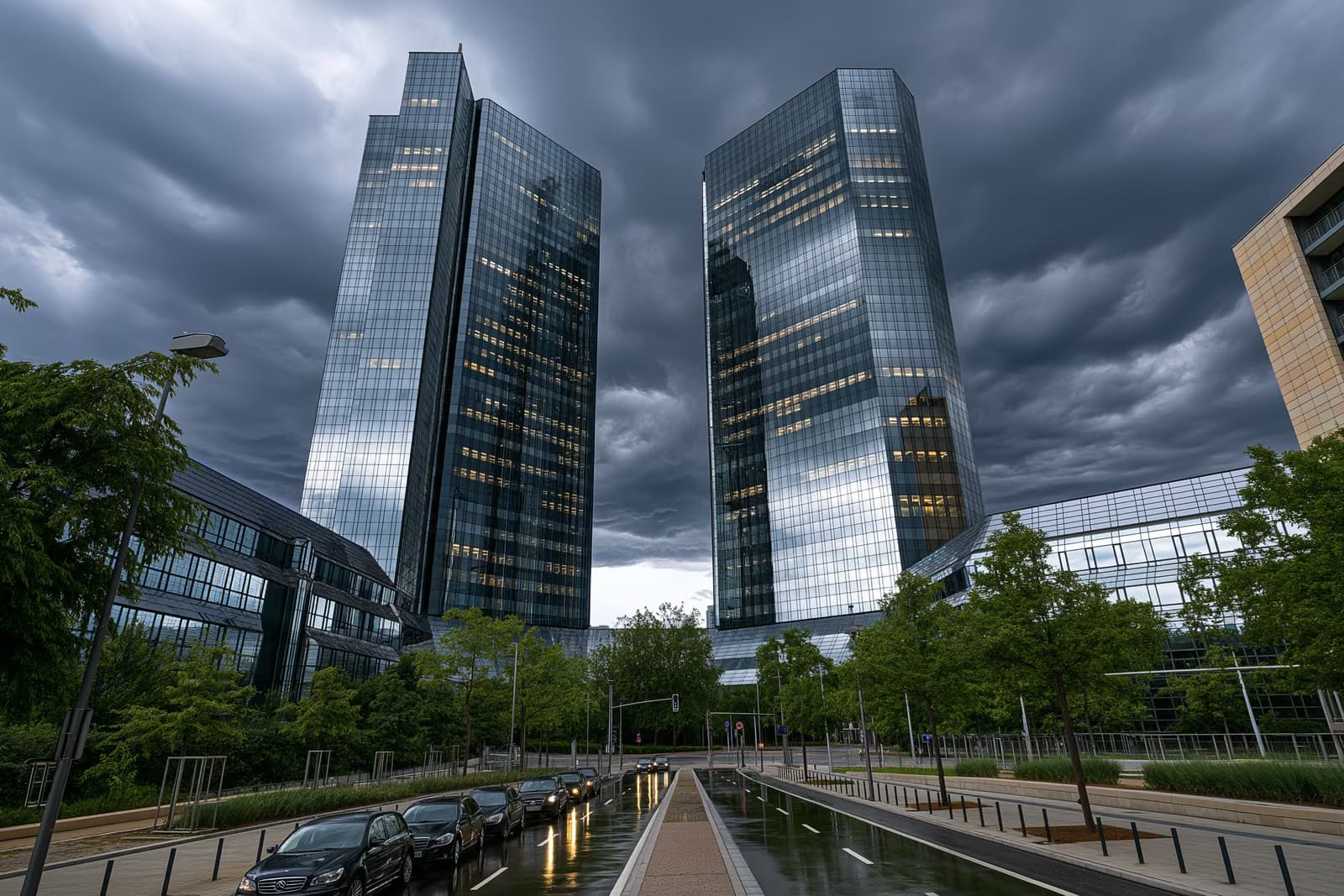 Die beiden Glastürme des Frankfurter Bankhauptsitzes ragen nach dem Überfall auf die Deutsche Bank unter dunklen Wolken empor.
