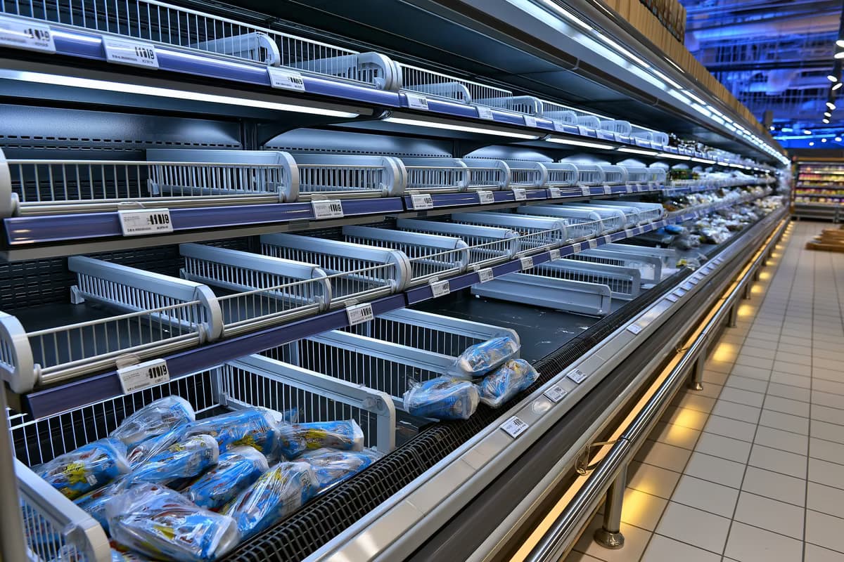 Ein leeres Kühlregal im Supermarkt mit nur noch wenigen Packungen nach dem Wurstrückruf in Deutschland.