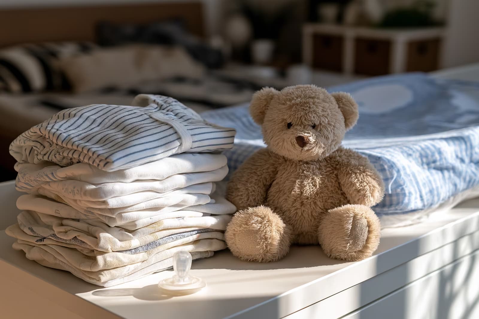 Eine Mutter hält ein kleines Baby im Arm und schaut sich zu Hause in Deutschland Dokumente an.