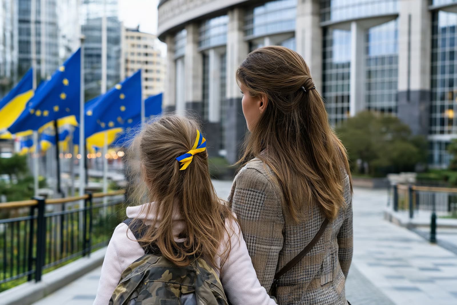 Eine ukrainische Mutter und ihre Tochter betrachten EU-Flaggen vor einem Gebäude der Europäischen Institution nach der Verlängerung des vorübergehenden Schutzes für die Ukraine.