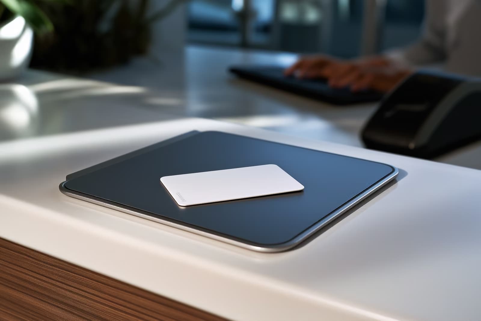 Eine Aufenthaltsgenehmigungskarte mit Chip liegt neben einem Fingerabdruckscanner auf einem Schalter in einem Regierungsbüro im kühlen Tageslicht.