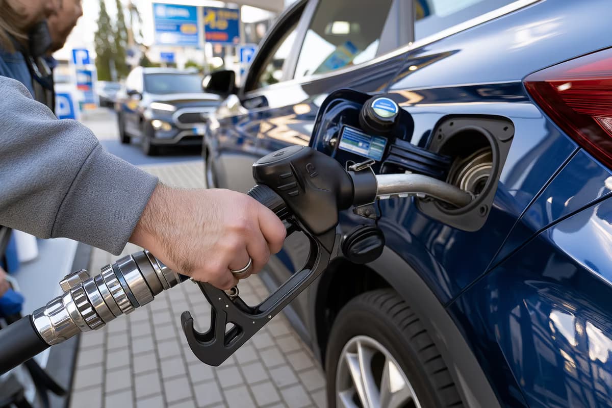 Ein Autofahrer hält beim Tanken an einer Tankstelle eine Zapfpistole in der Hand.