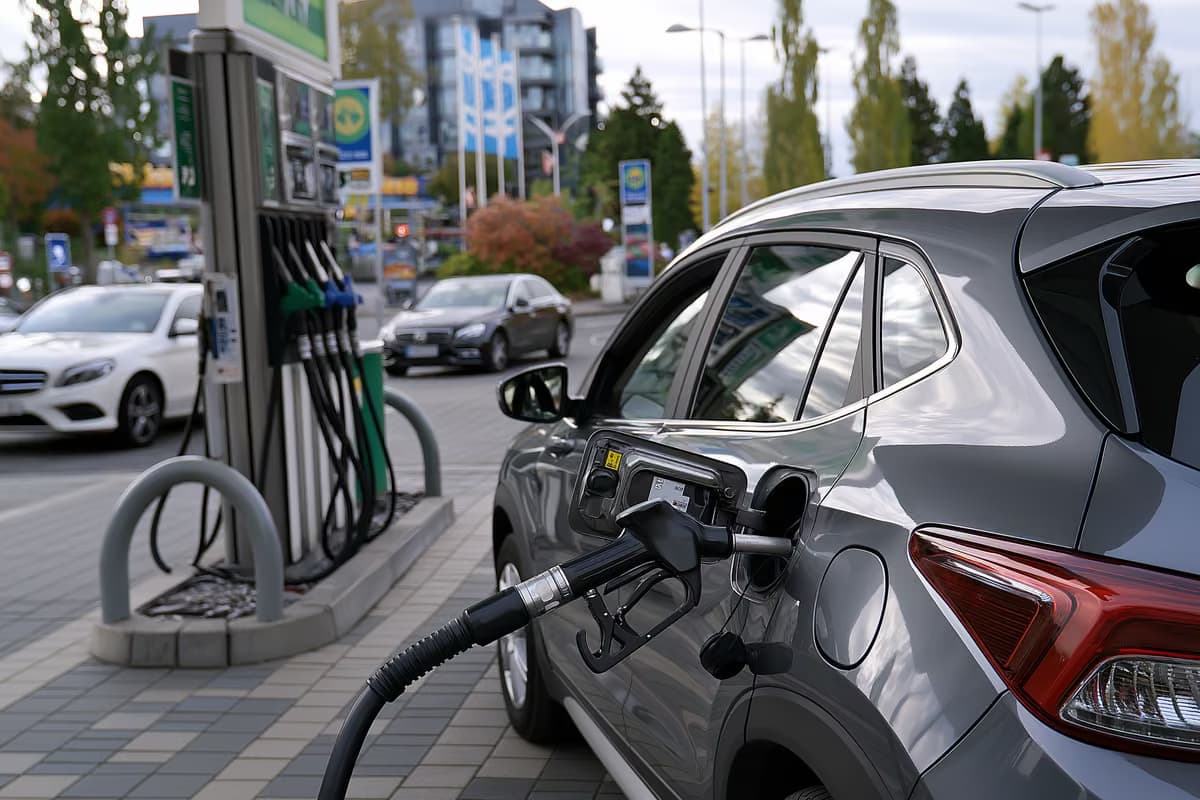 Eine Zapfpistole liegt an einem bewölkten Tag in einem Auto an einer deutschen Tankstelle.