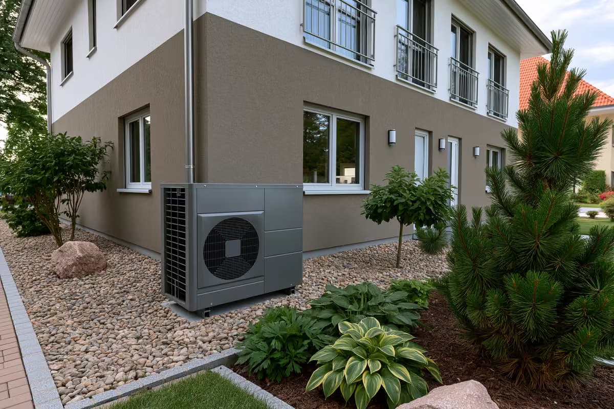 Eine moderne Wärmepumpenanlage, die an der Außenseite eines deutschen Wohnhauses installiert ist.