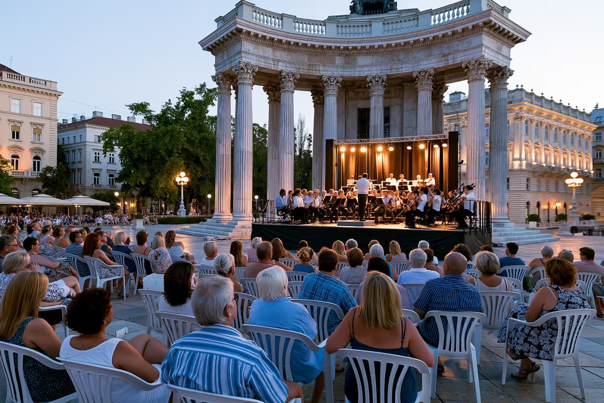 Ein klassisches Open-Air-Konzert auf einem historischen Münchner Platz in der Abenddämmerung.