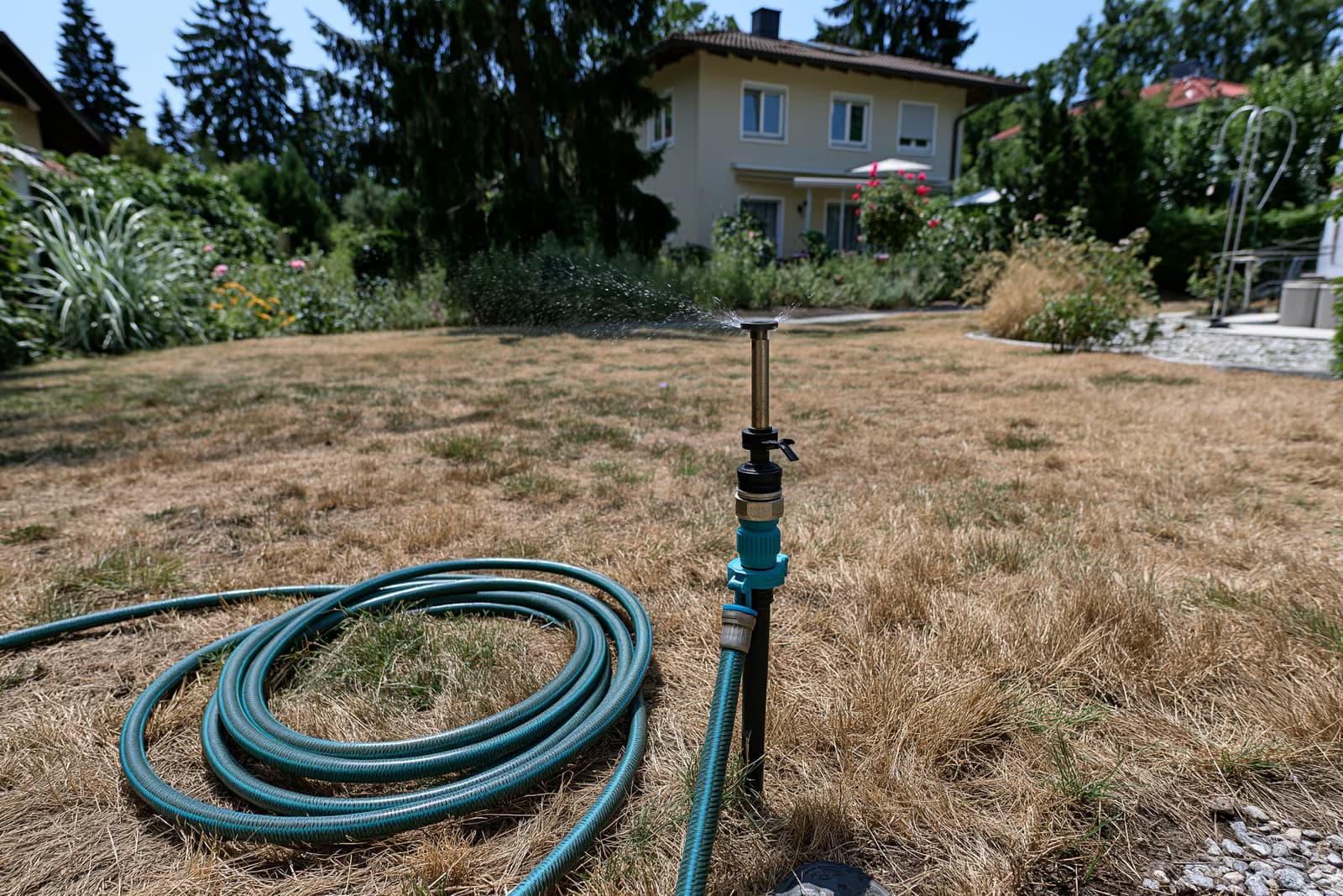 Ein Gartensprenger steht ungenutzt auf einem braunen, ausgedörrten Rasen in einem Münchner Vorort während des Münchner Wasserverbots.