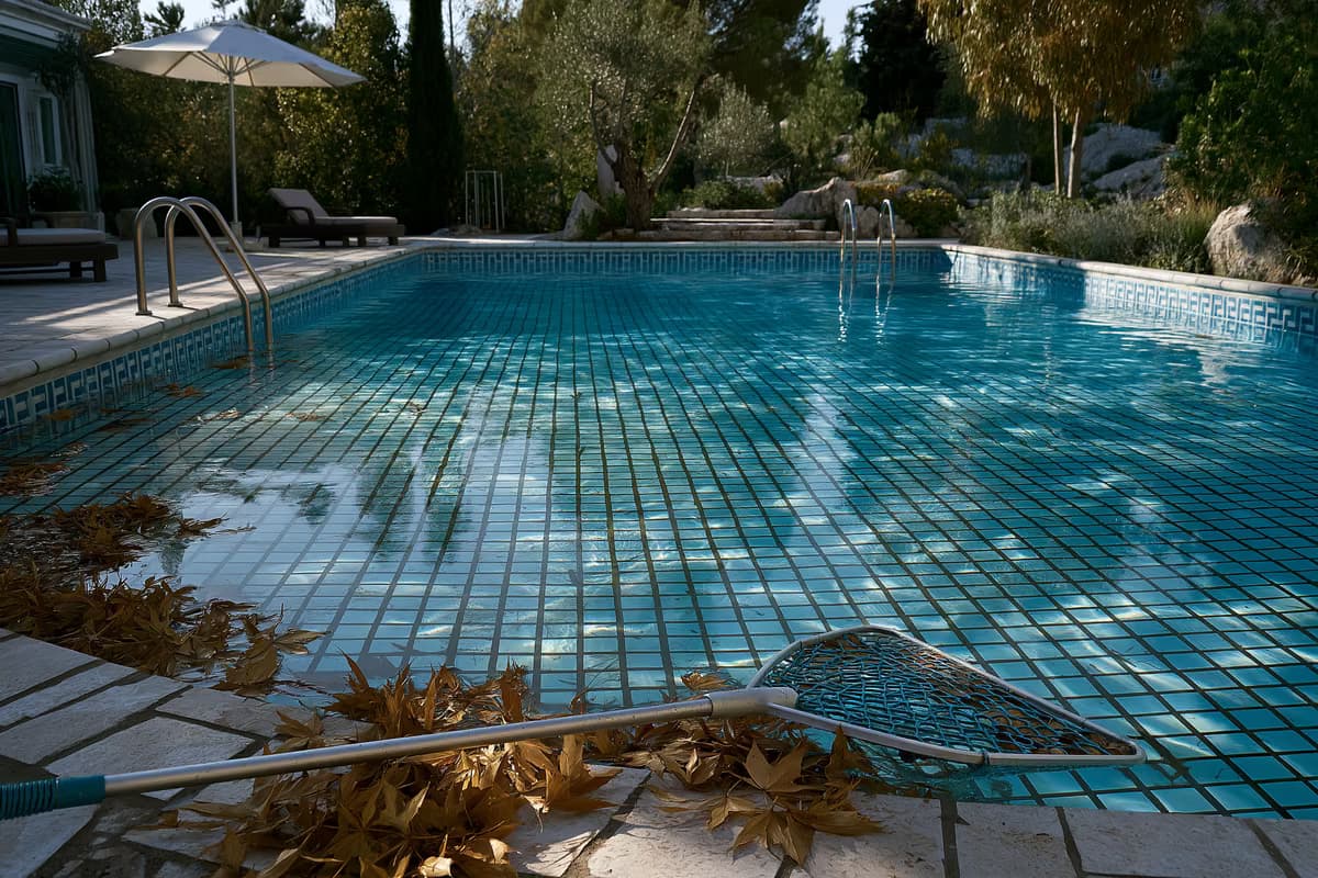 Ein halb leerer privater Gartenpool mit einem Laubkescher, der auf den sonnenbeheizten Fliesen ruht.