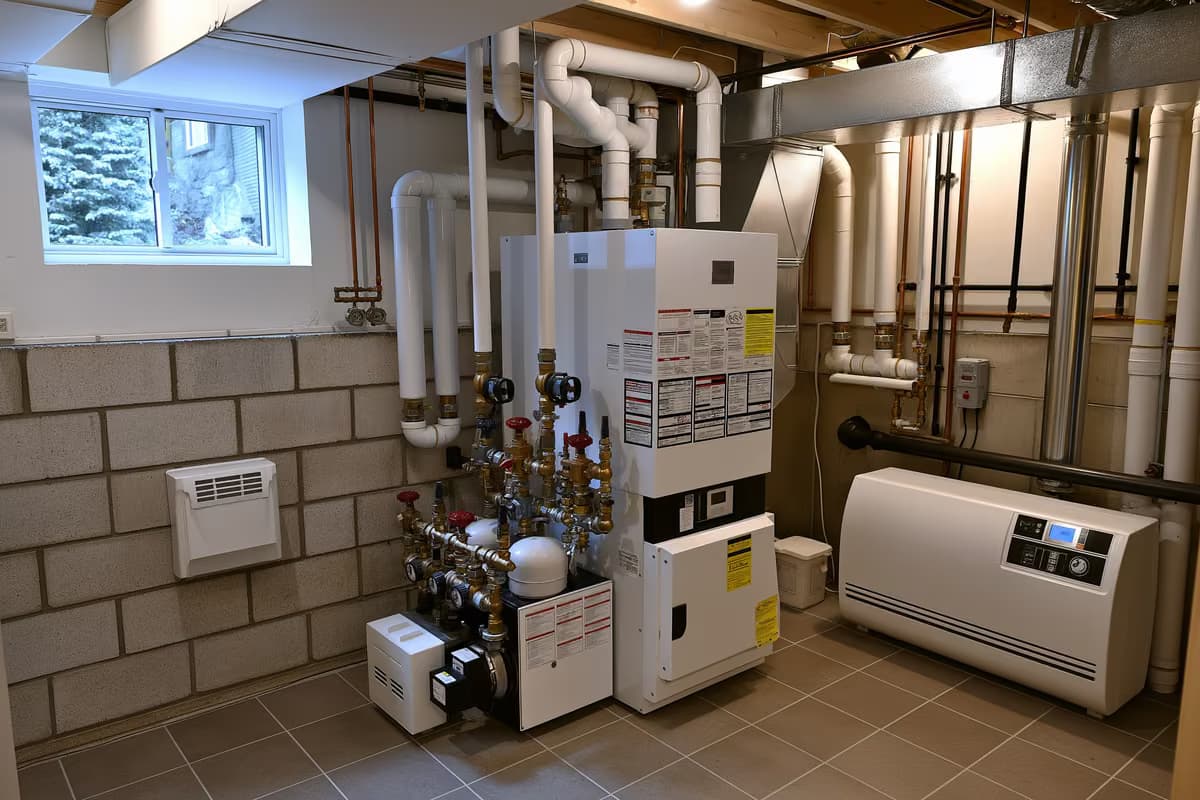 Ein Gasheizkessel mit Rohren und Ventilen in einem Hauswirtschaftsraum im Keller eines Wohnhauses.