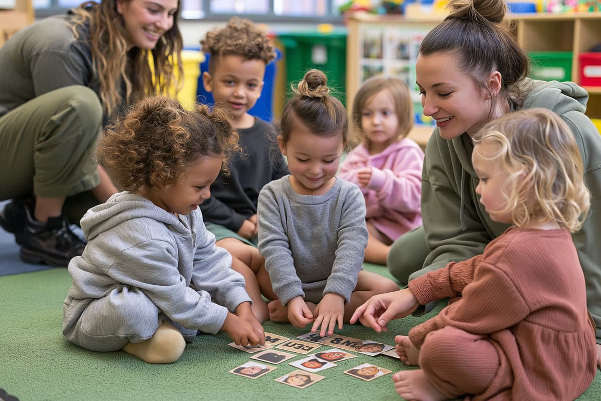 Kleine Kinder spielen auf dem Teppich im Klassenzimmer ein Wortzuordnungsspiel, während eine Lehrerin sie beim Deutschüben unterstützt.