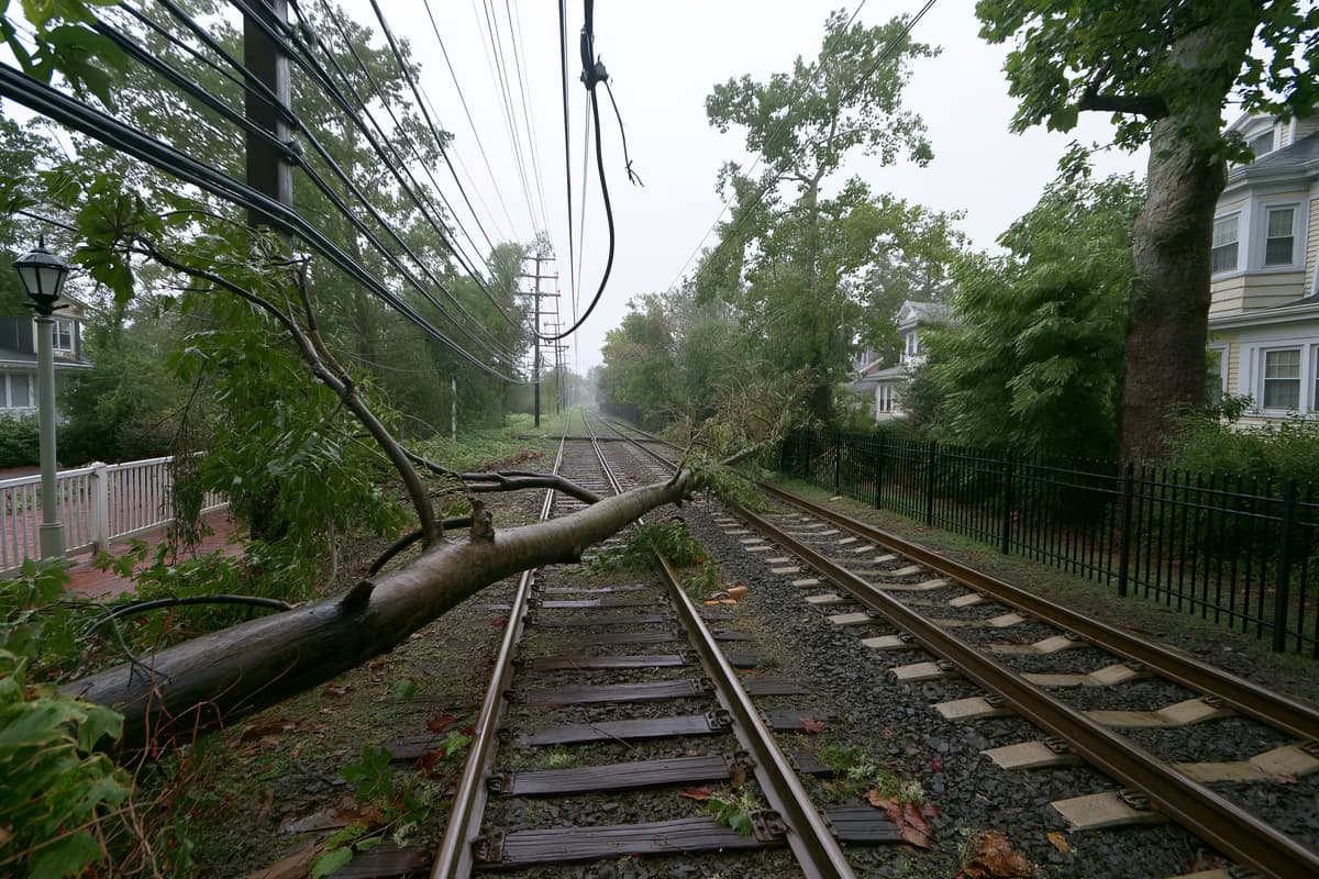 Nach dem Sturm in Franken liegt ein abgebrochener Ast quer über den Gleisen einer Vorortbahn unter einer beschädigten Oberleitung.