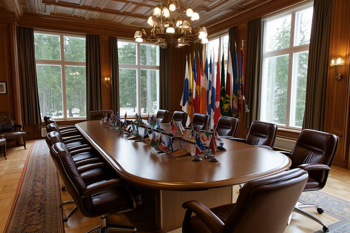 Ein leerer Kabinettsbesprechungsraum mit einem langen ovalen Tisch, Ledersesseln und kleinen Nationalflaggen im Morgenlicht