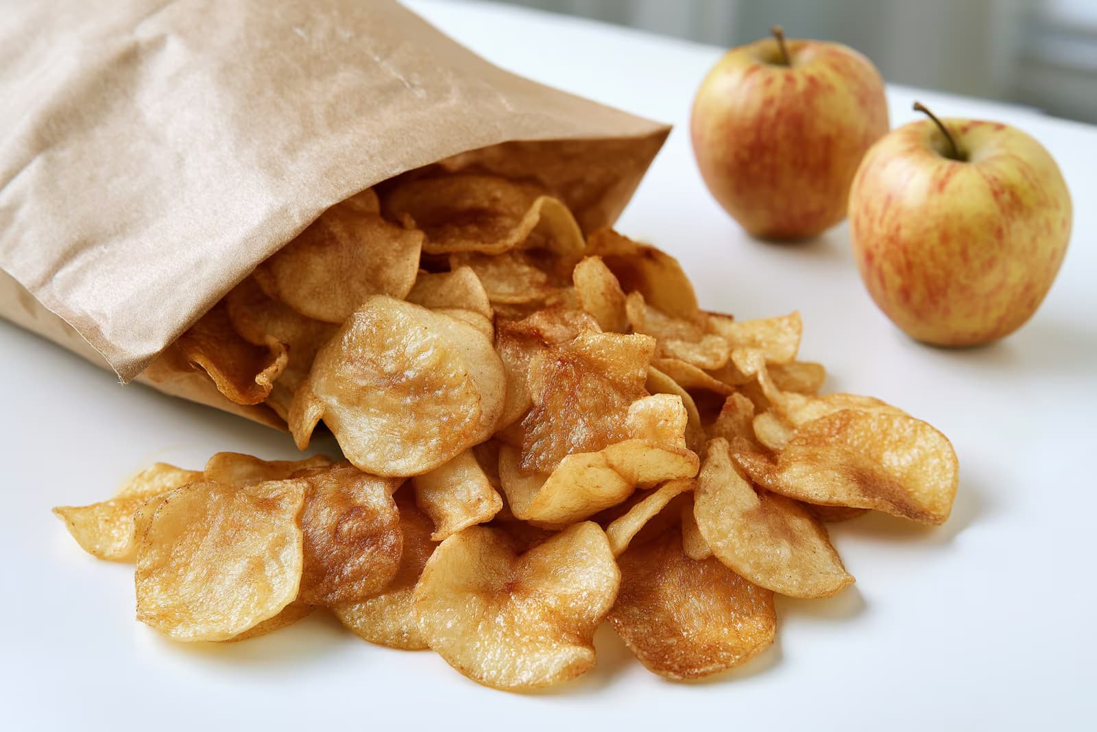 Eine Packung Apfelchips für Kinder im Küchenregal, daneben ein Warnsymbol.