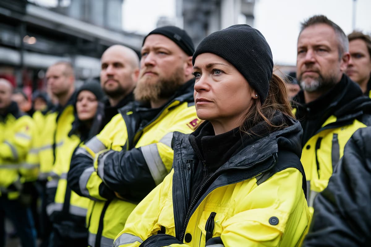 Fabrikarbeiter in Warnwesten versammelten sich vor einem Industriewerk.